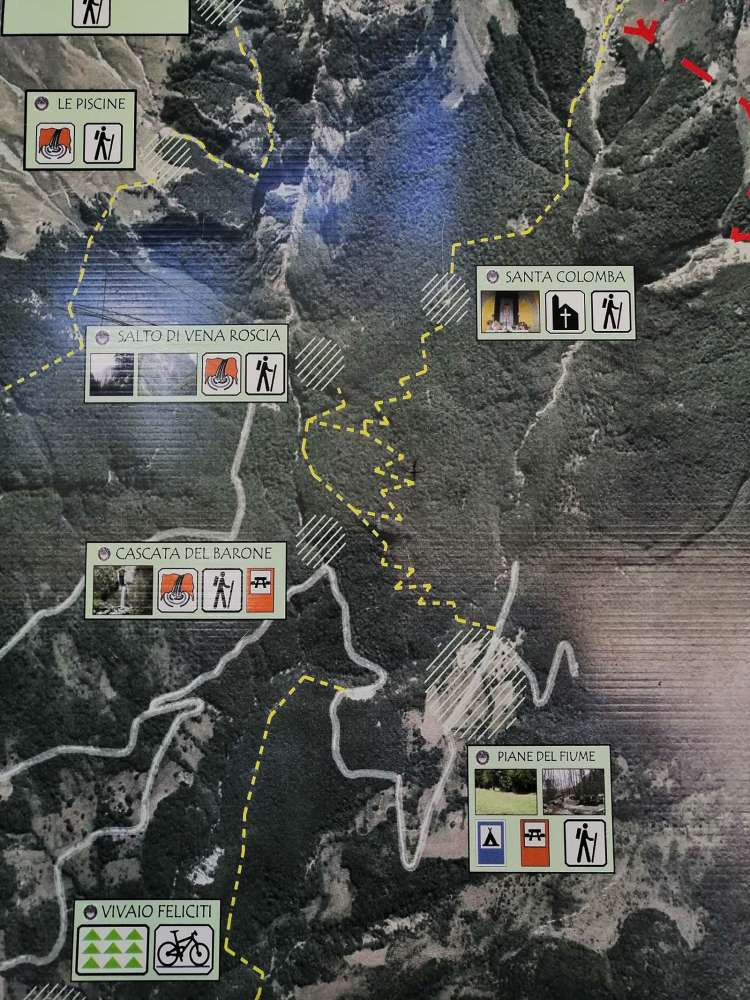 tabellone con i percorsi in partenza da piana del fiume verso l'eremo di santa colomba - blog di viaggi